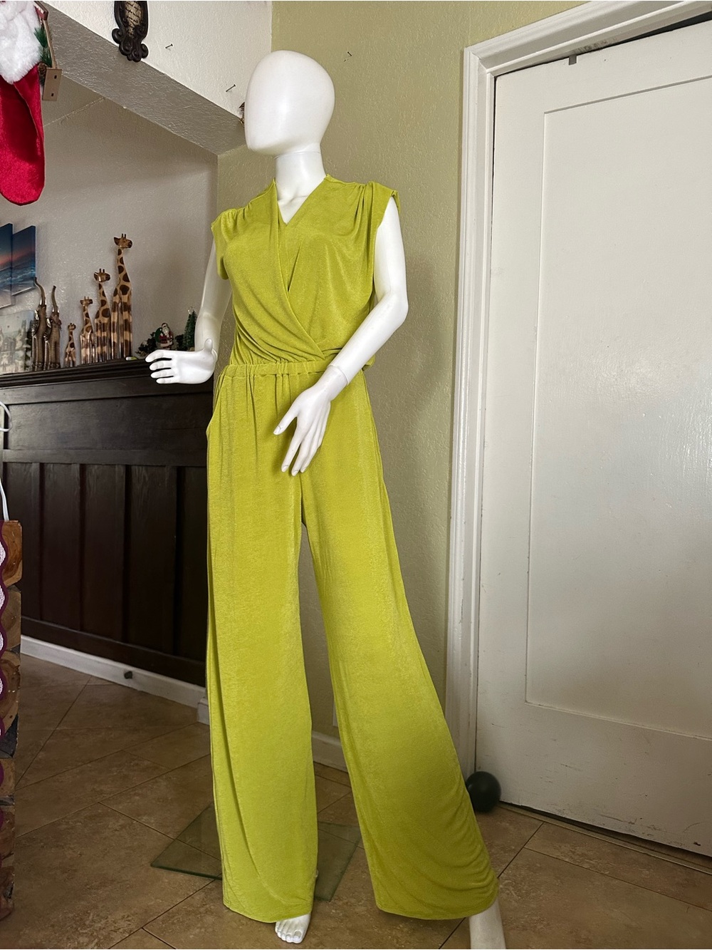 Sleeveless V-Neck Wide-Leg Jumpsuit in Chartreuse